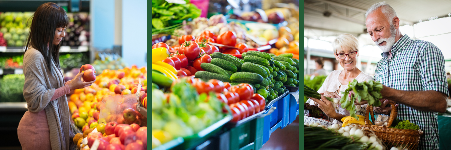 Three photos of fresh fruit and vegetables in a grocery store