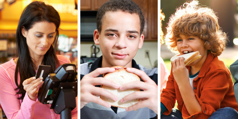 Three photos of children eating or at a grocery store