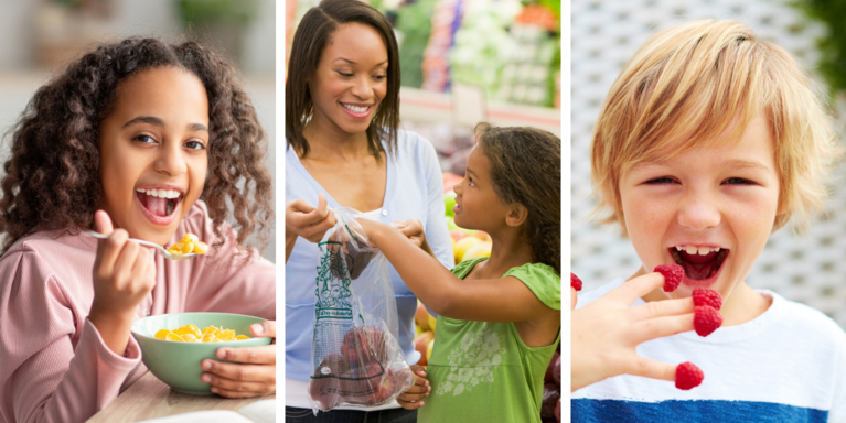 Three photos of children eating or at a grocery store