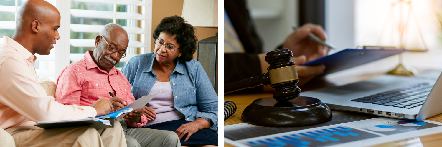 Two photographs: 1) An elderly couple speaking to an attorney; 2) An attorney's office showing a computer, a judge's gavel and the Scales of Justice.