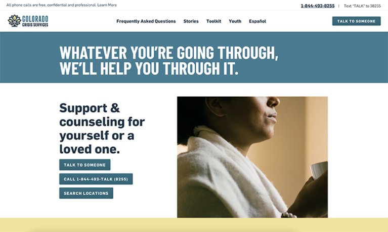 Screenshot of Colorado Crisis Services website