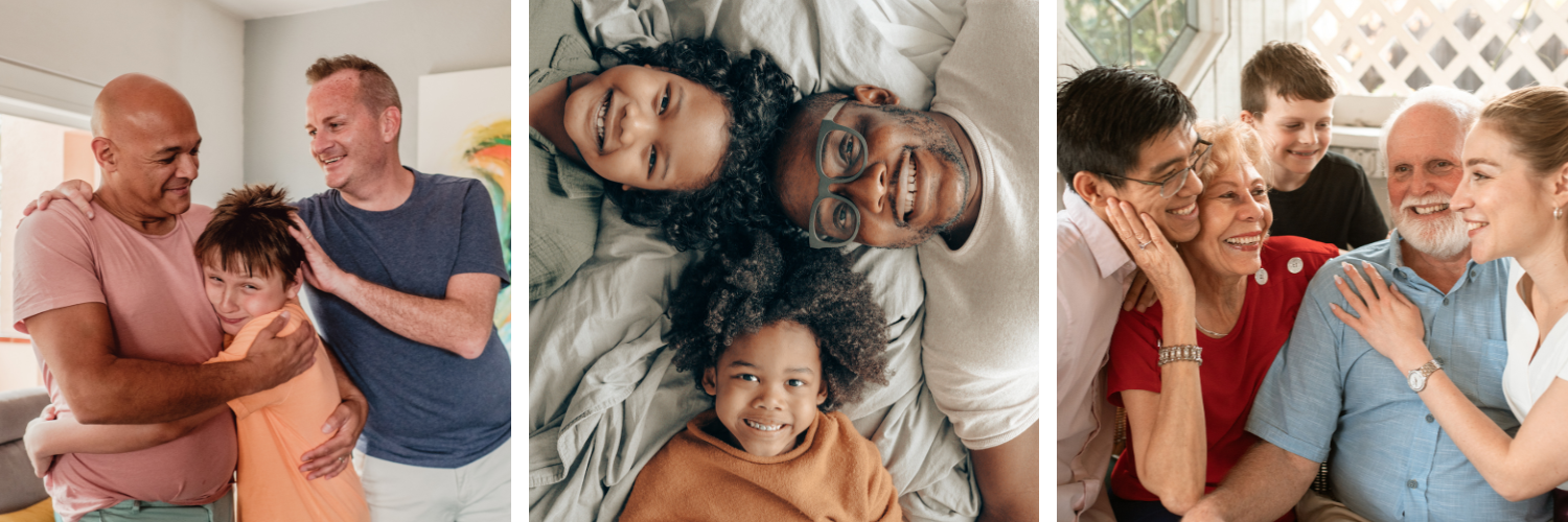 Three photos of families with children