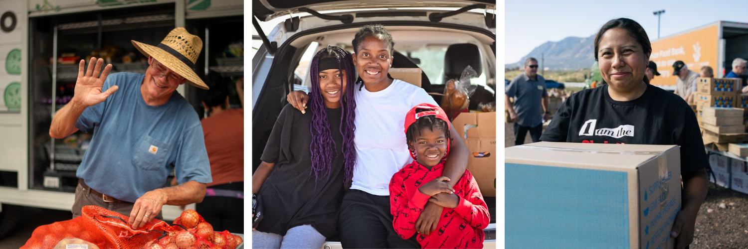 Three photos of people receiving boxes of food