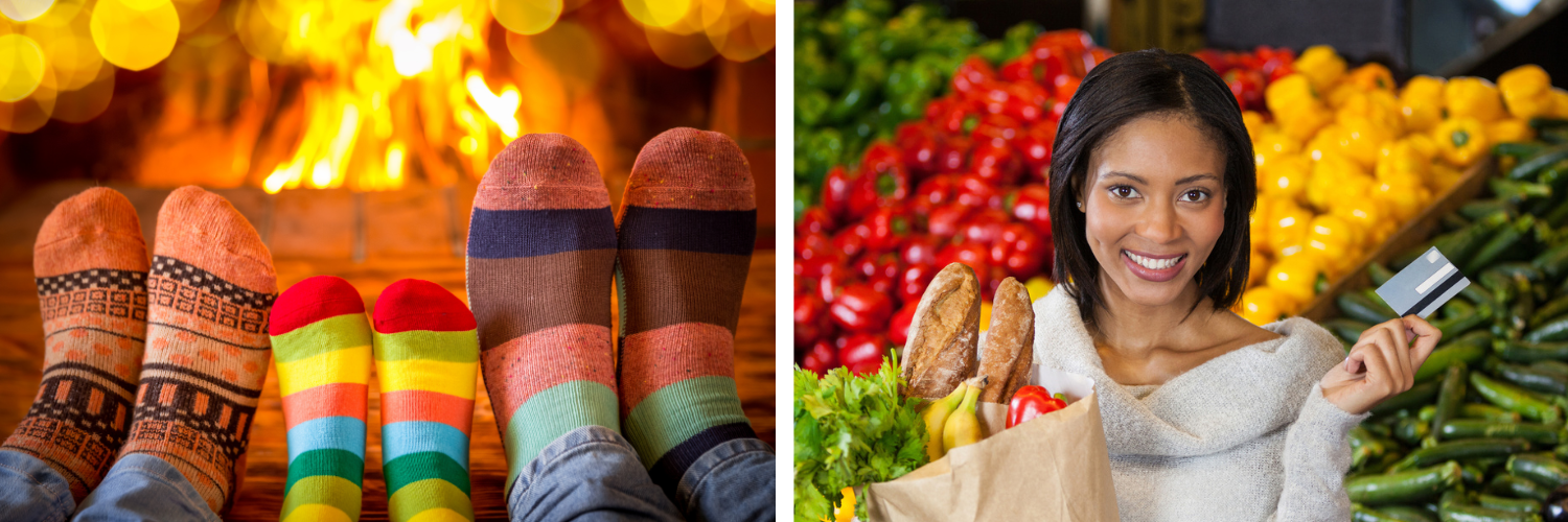 Two photos: 1. People wearing colorful socks in front of a fireplace; 2. Woman holding groceries in a grocery store