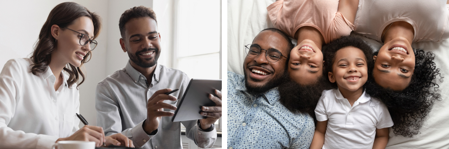 Two photos: 1. Two office workers looking at a computer screen; 2. A happy family looking up at the camera.