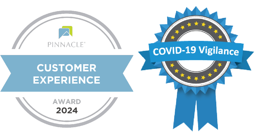 Two award emblems celebrating Fitzsimons' COVID-19 vigilance,  and Pinnacle's 2024 Customer Experience award.