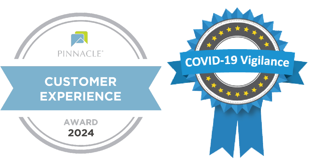 Two award emblems, for COVID-19 vigilance and Pinnacle's 2024 Customer Experience award