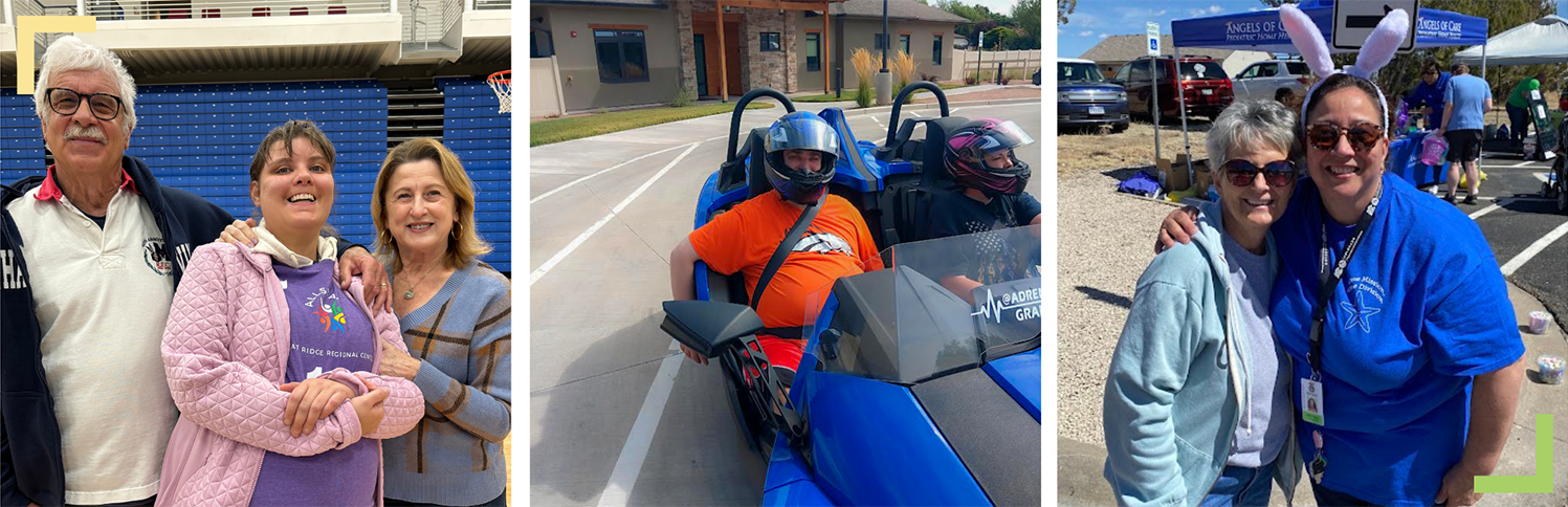 Banner of three images, one image is of a female Regional Center resident smiling with her adult family members, one is a Regional Center resident wearing a motorcycle helmet being driven around in a convertible, blue vehicle and one image is two Regional Center staff members wearing bunny ears and smiling.