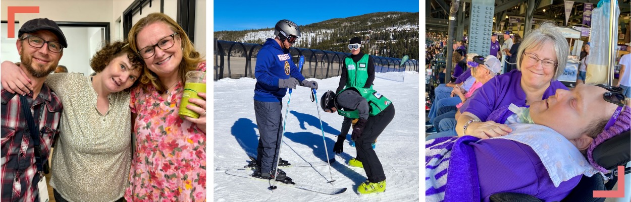 Banner of three images of Wheat Ridge Regional Center, one image is a female resident smiling and putting her arms around staff members, one image is a resident being taught how to ski by two instructors and one is a resident with a smiling loved one at a baseball game.