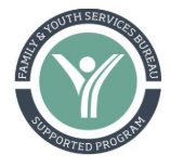 Circular Logo for the Family Youth Services Bureau, Dark Blue outer cirlce with the words Family Youth Services Bureau Supported Program and inner circle. The inner circle contains the representative image of a person conveyed via a circle for a head, with a body shaped like the letter Y, representative of a person with their arms raised.