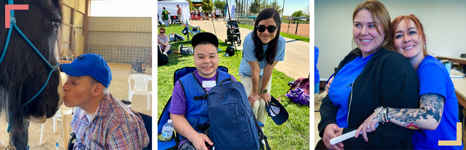 Banner of three images, one image is a male adult Regional Center resident kissing a horse’s nose, one image is a male adult Regional Center resident and another woman smiling together during an outdoor sporting event and one image is two female Regional Center staff members embracing and smiling. 