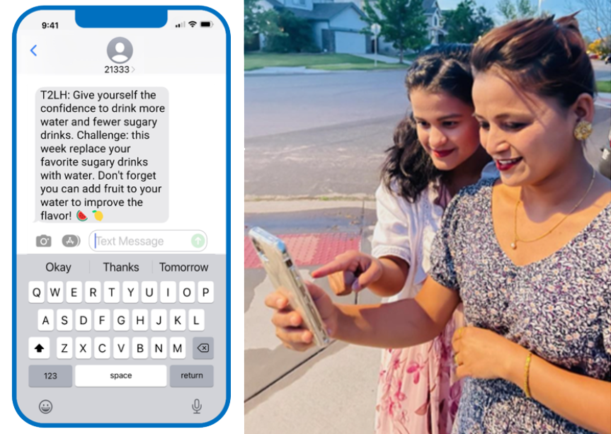 Screenshot of a text message from the Text2LiveHealthy program; and photo of two women looking at a mobile phone