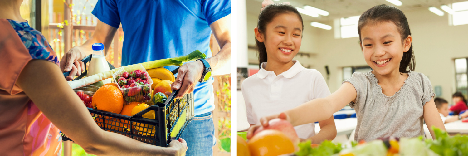 Two-part image: Left side shows an adult receiving a crate of fresh produce (fruit, milk, and vegetables) from another adult. Right side shows two smiling young girls preparing food with fresh fruit and vegetables.