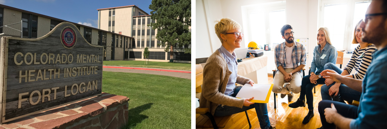 Two photos: 1) an outdoor photo of the CMHHIFL campus; and 2) a group therapy session