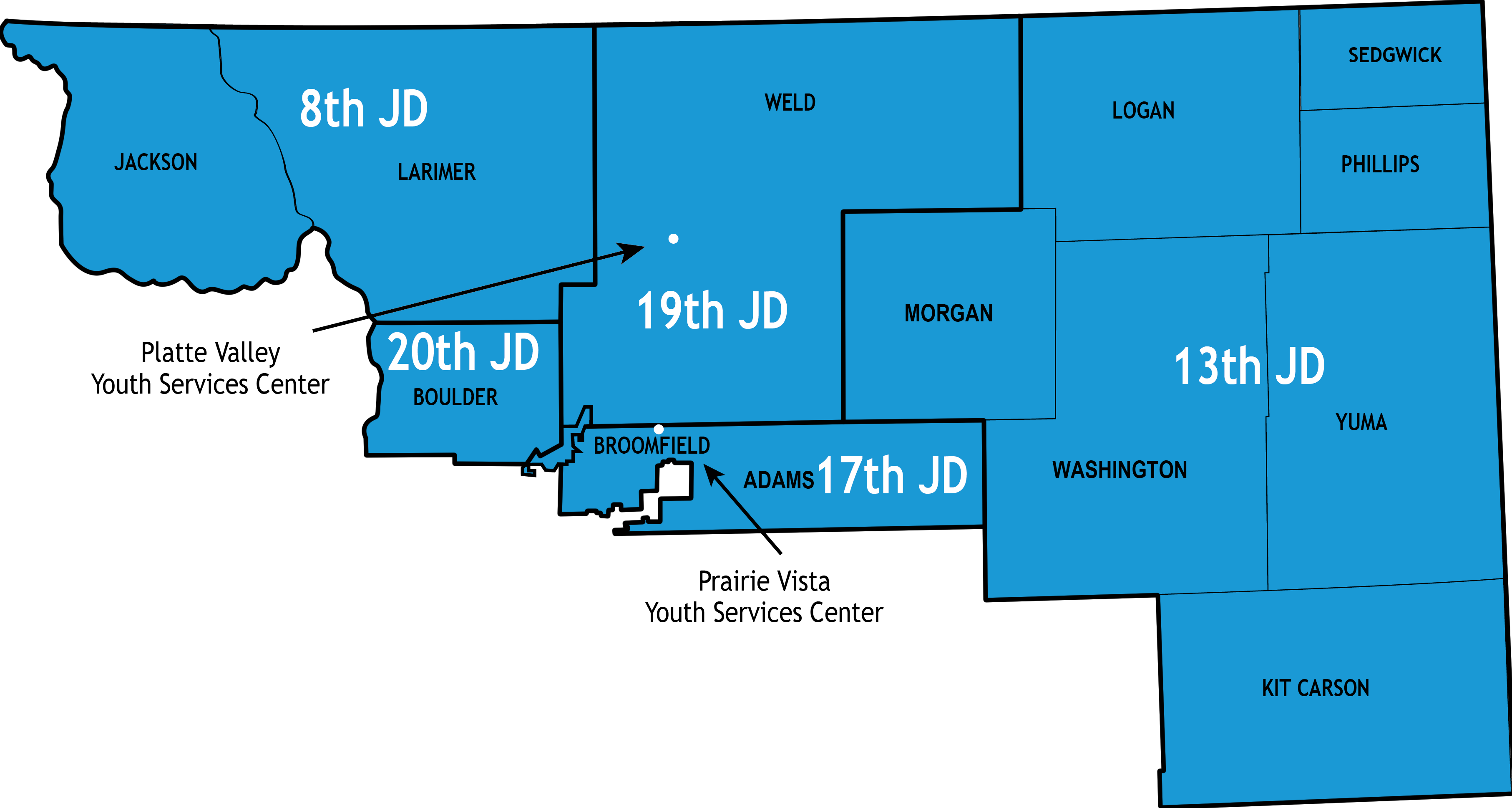 County map of the Northeast region of Colorado. Map highlights Prairie Vista Youth Services Center in Adams County and Platte Valley Youth Services Center in Weld County.