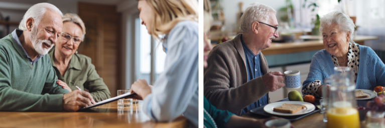 An older couple signing a form. A smiling older couple share a breakfast together.