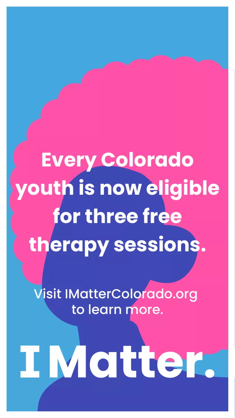 brightly colored image of youth profile advertising free mental health sessions for Colorado youth