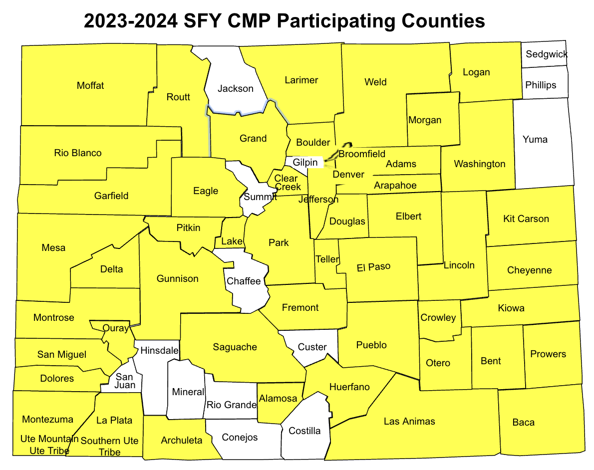 Map of Colorado counties with the label "2023-2024 SFY CMP Participating Counties"