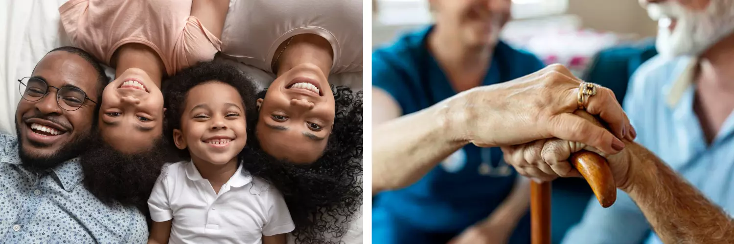 Two photos, left to right: Mother, father and two children smiling at camera; nurse placing her hand on the hand of an older veteran who is holding a cane