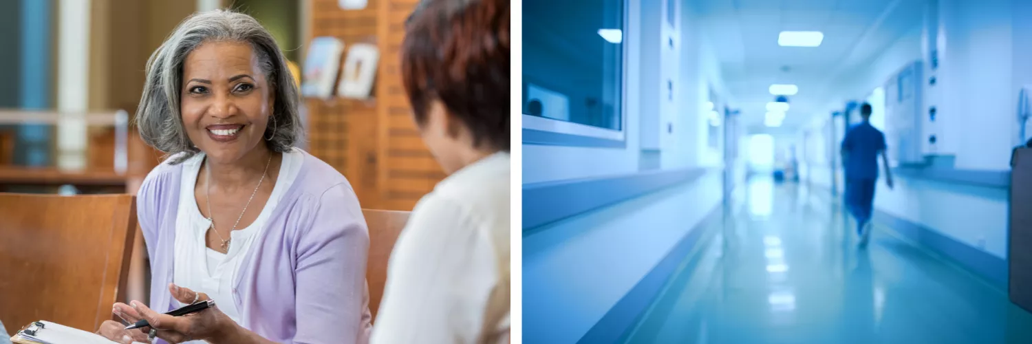 Two images, left to right: A psychologist speaking to a patient; a nurse walking in a hospital hallway