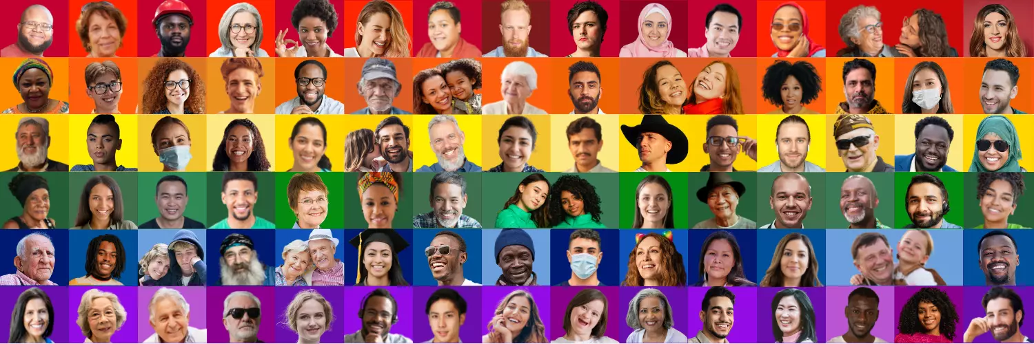 Grid of dozens of diverse people with a rainbow background