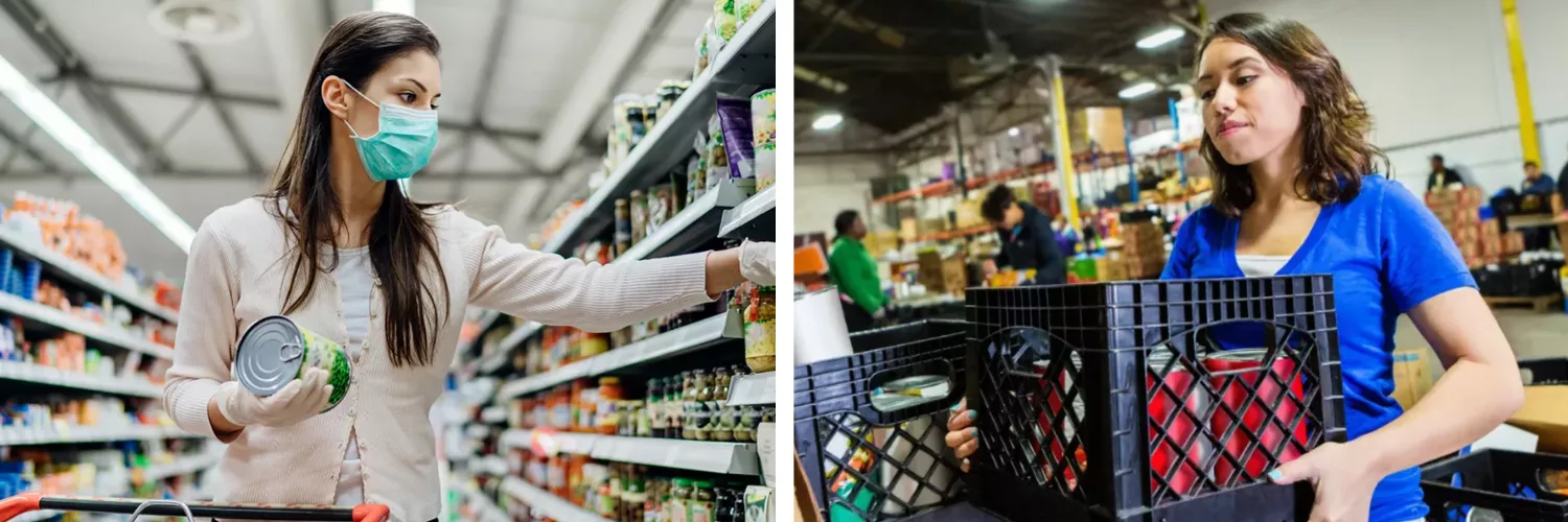 Two photos of women getting food at a grocery store and a food warehouse