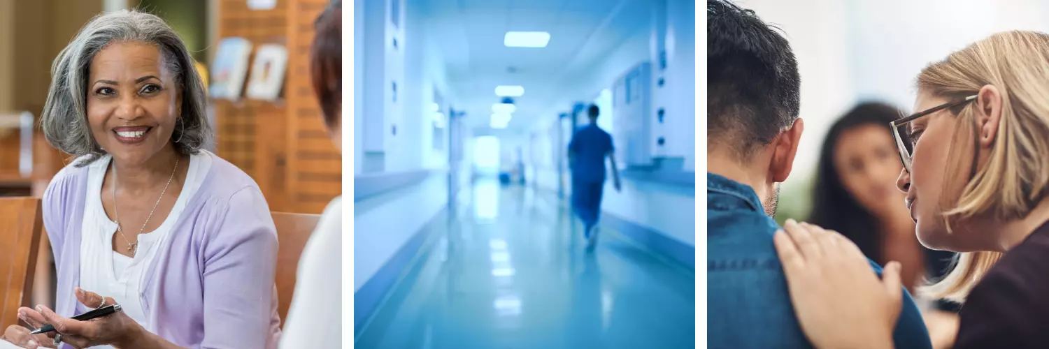 Three photos of people working in mental hospitals