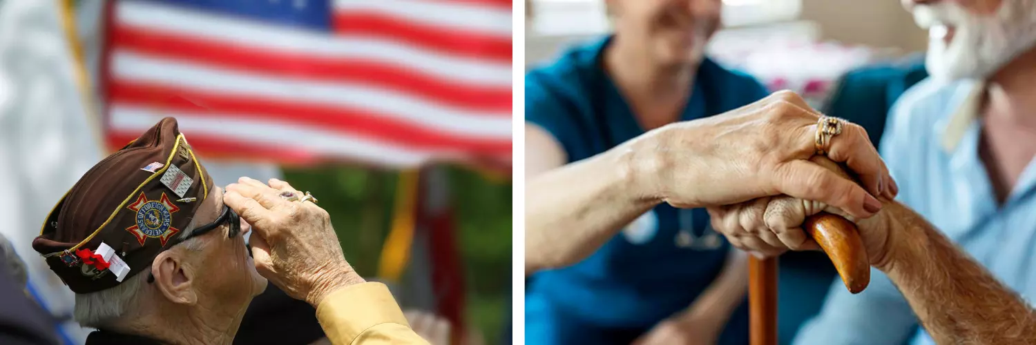 Two photos: 1. An elderly veterans saluting an American flag. 2. A nurse with her hand on an older man's hand.